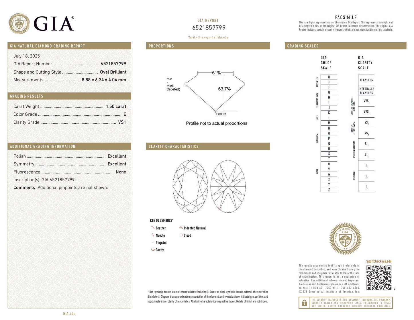 GIA diamond report with detailed specifications and measurements.