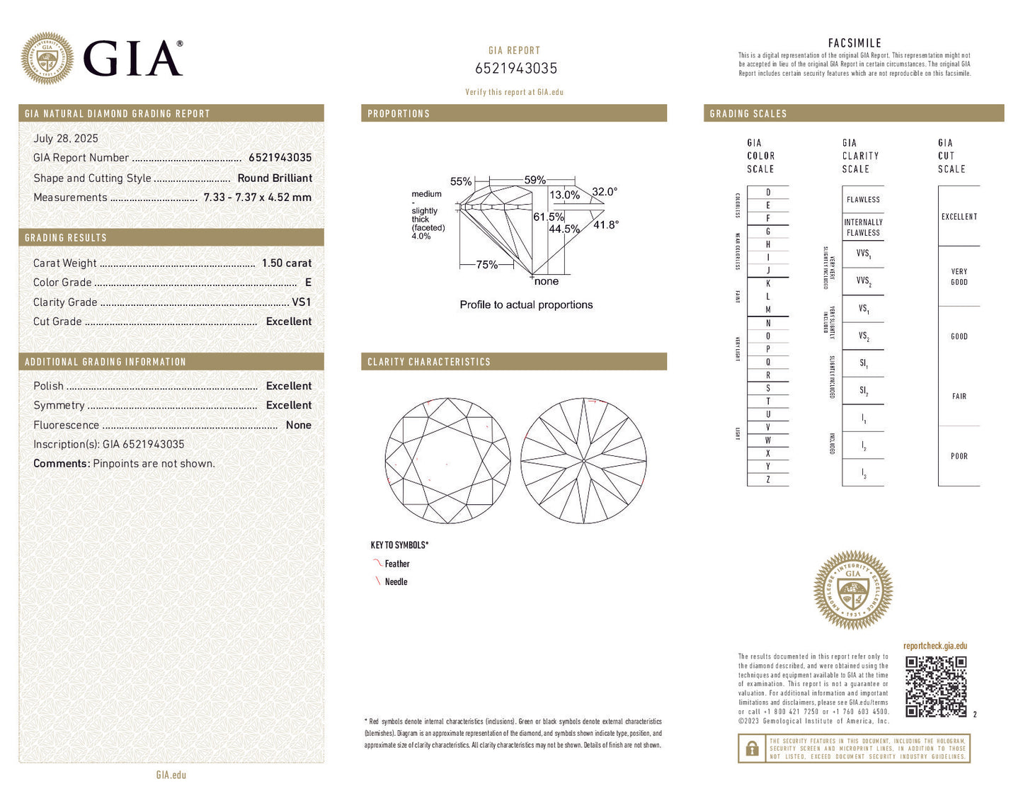 GIA diamond report with detailed specifications and grading information.