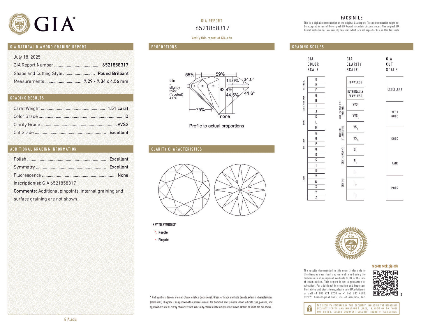 GIA diamond report with detailed measurements and grading information.