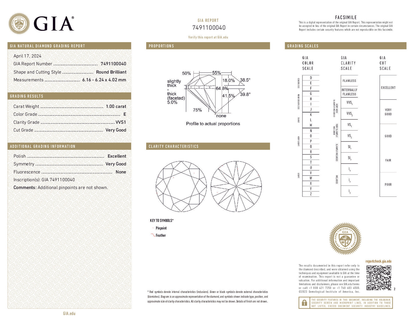 1.00 Carat Round Brilliant Diamond – E Color, VVS1 Clarity, Very Good Cut, GIA Certified