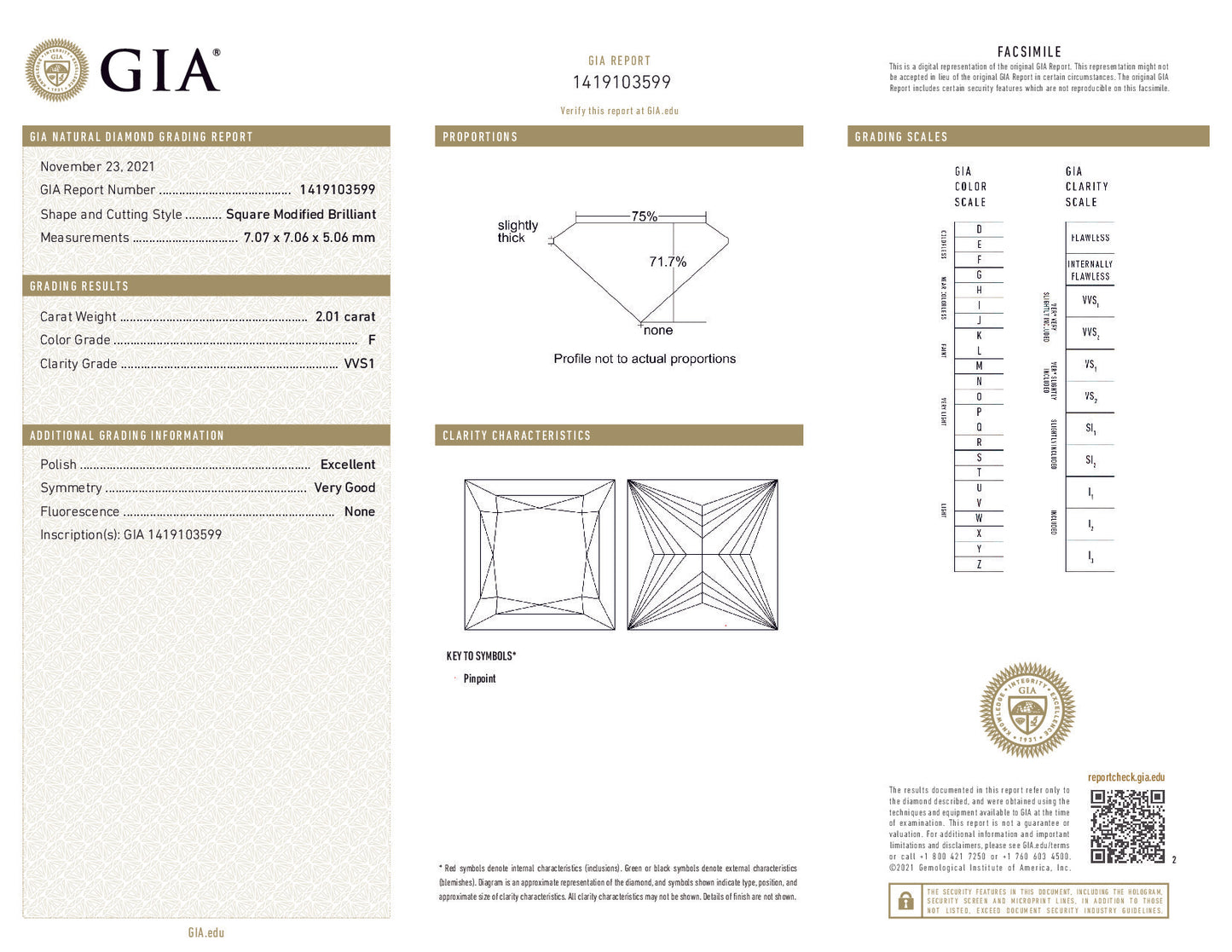 2.01 Carat Square Modified Brilliant Diamond – F Color, VVS1 Clarity, GIA Certified