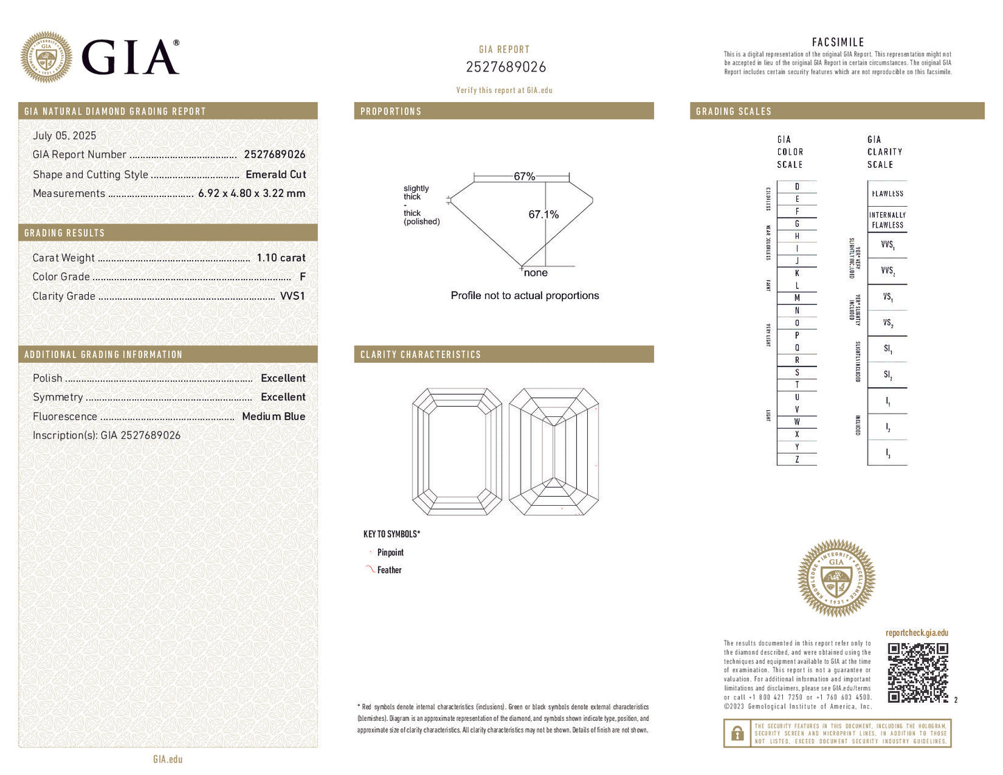 GIA-Certified 1.10 ct Emerald-Cut Diamond – F Color, VVS1 Clarity