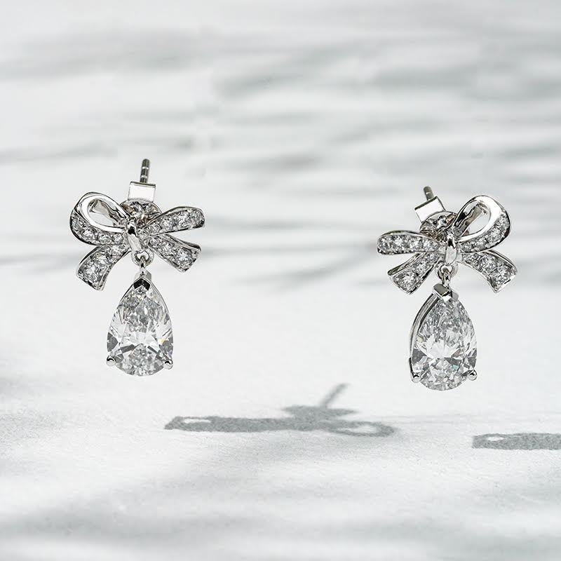 Ribbon Drop – 18K White Gold Lab Diamond Bow Earrings