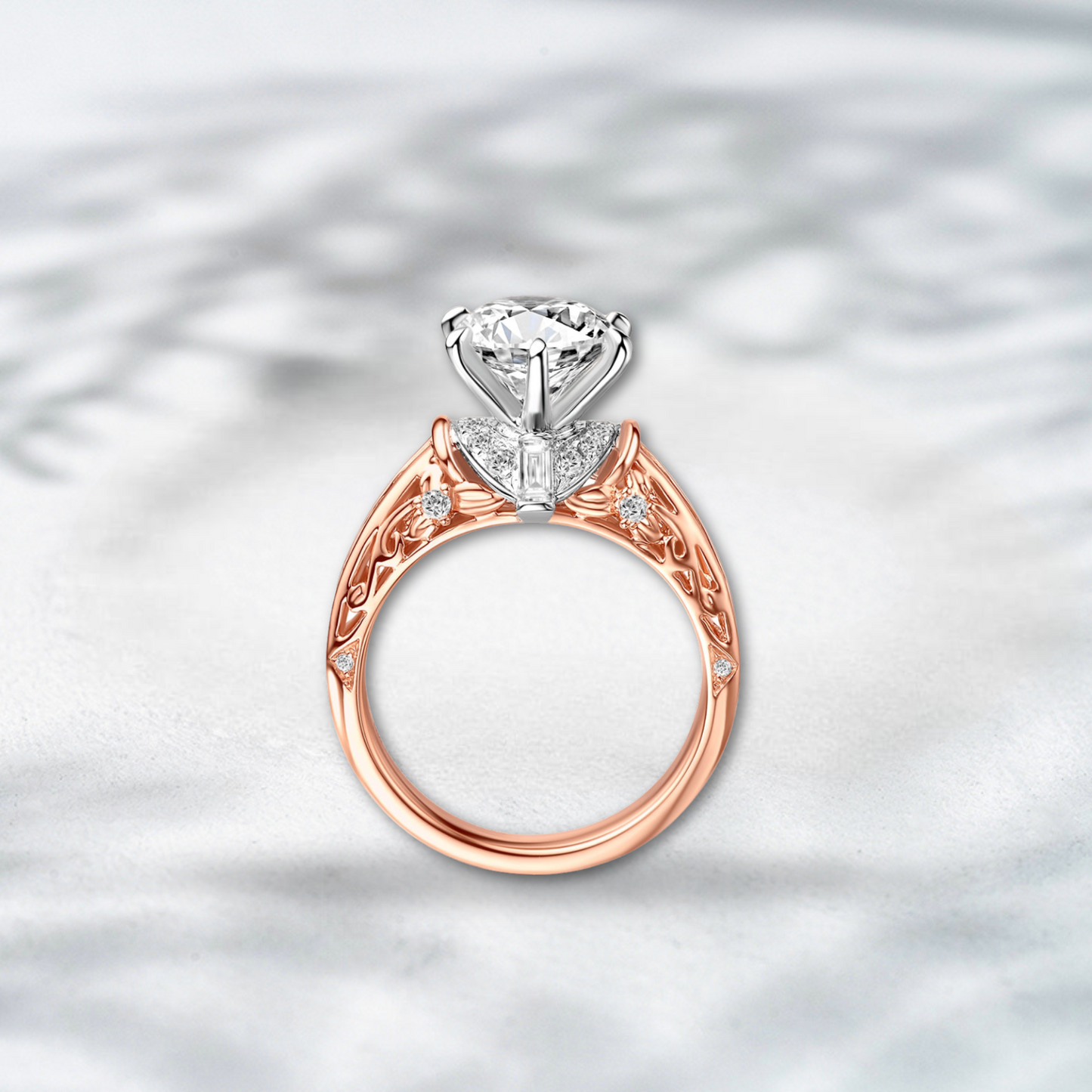 QOB Imperial Grace – 4.20 ct Lab Diamond Ring in 18K Rose & White Gold with Baguette Accent