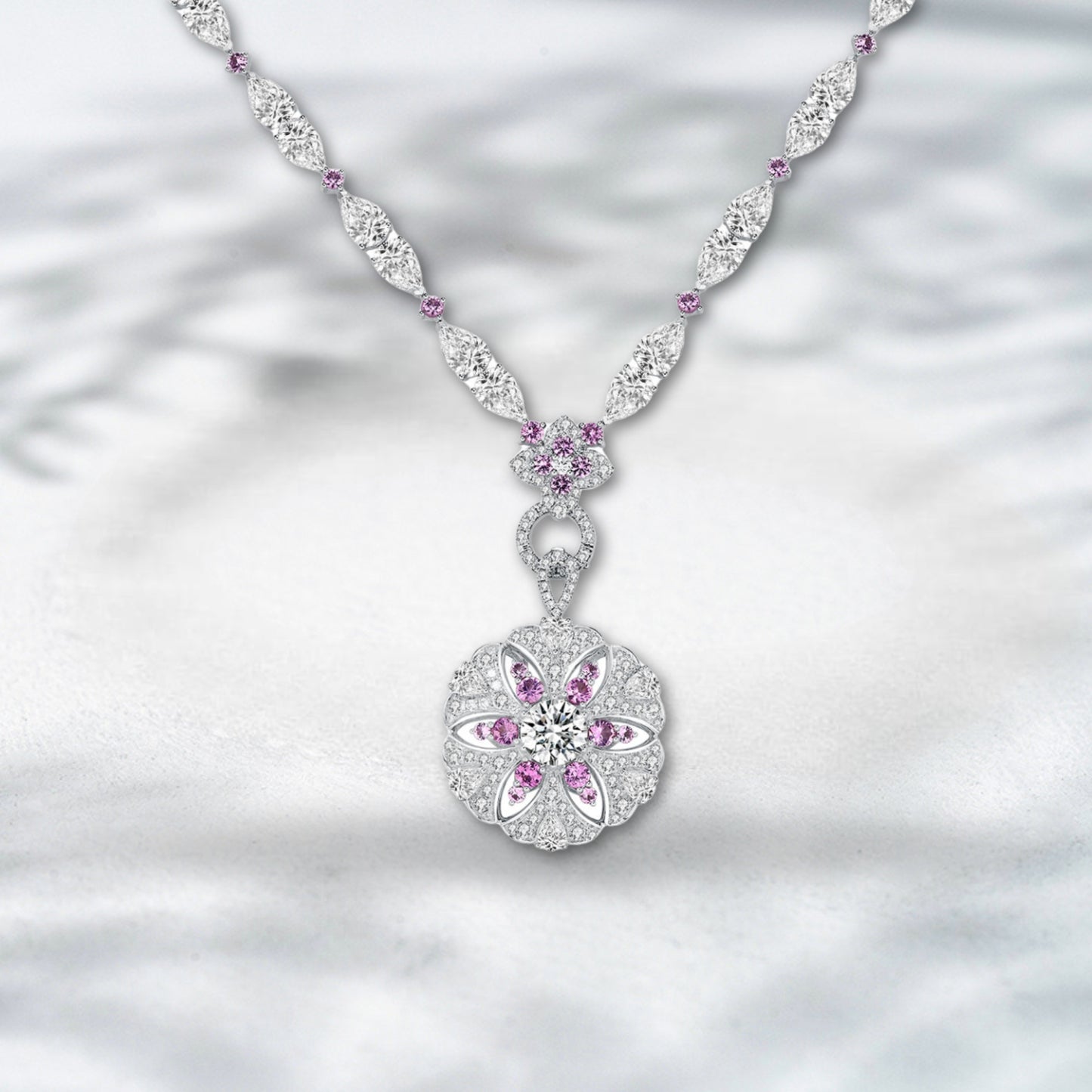 QOB Petal Constellation – Lab Diamond & Pink Sapphire Pendant Necklace 17.449ct in 18K White Gold