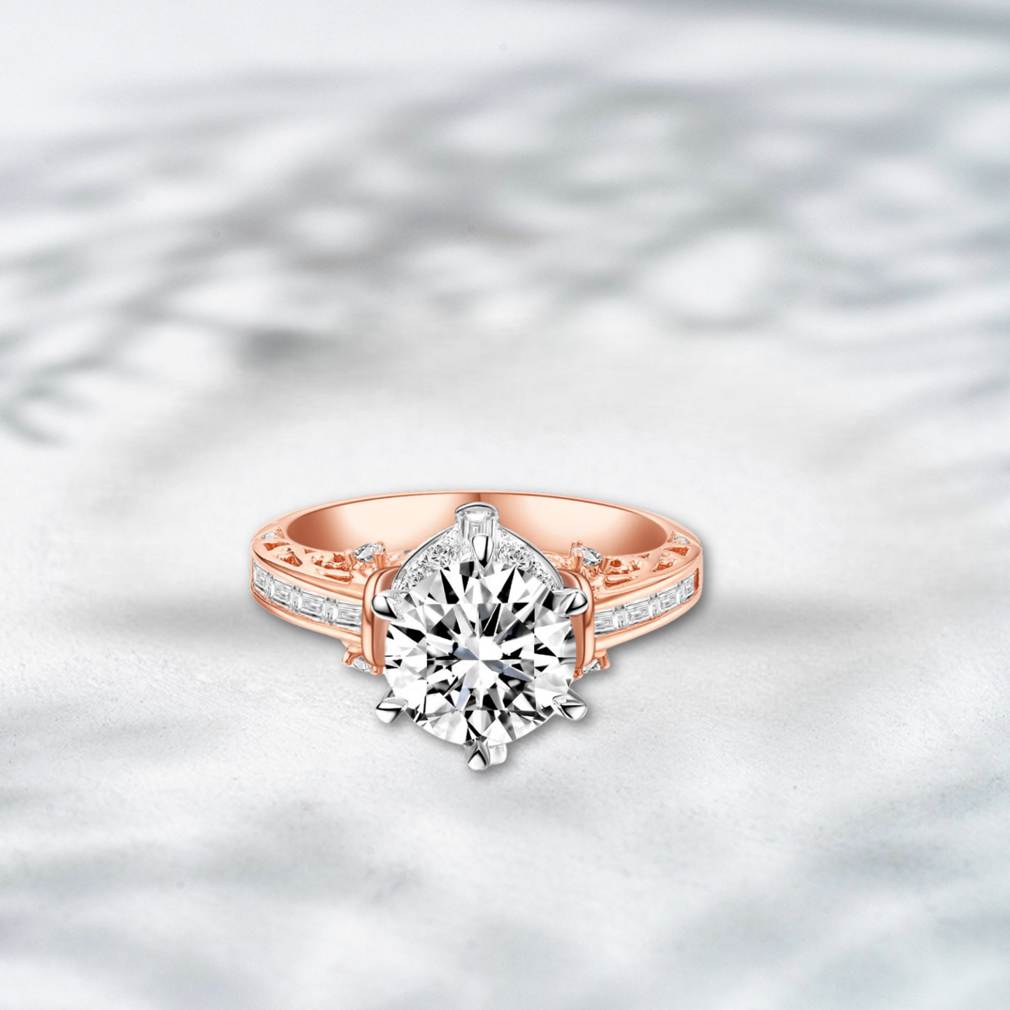 QOB Imperial Grace – 4.20 ct Lab Diamond Ring in 18K Rose & White Gold with Baguette Accent