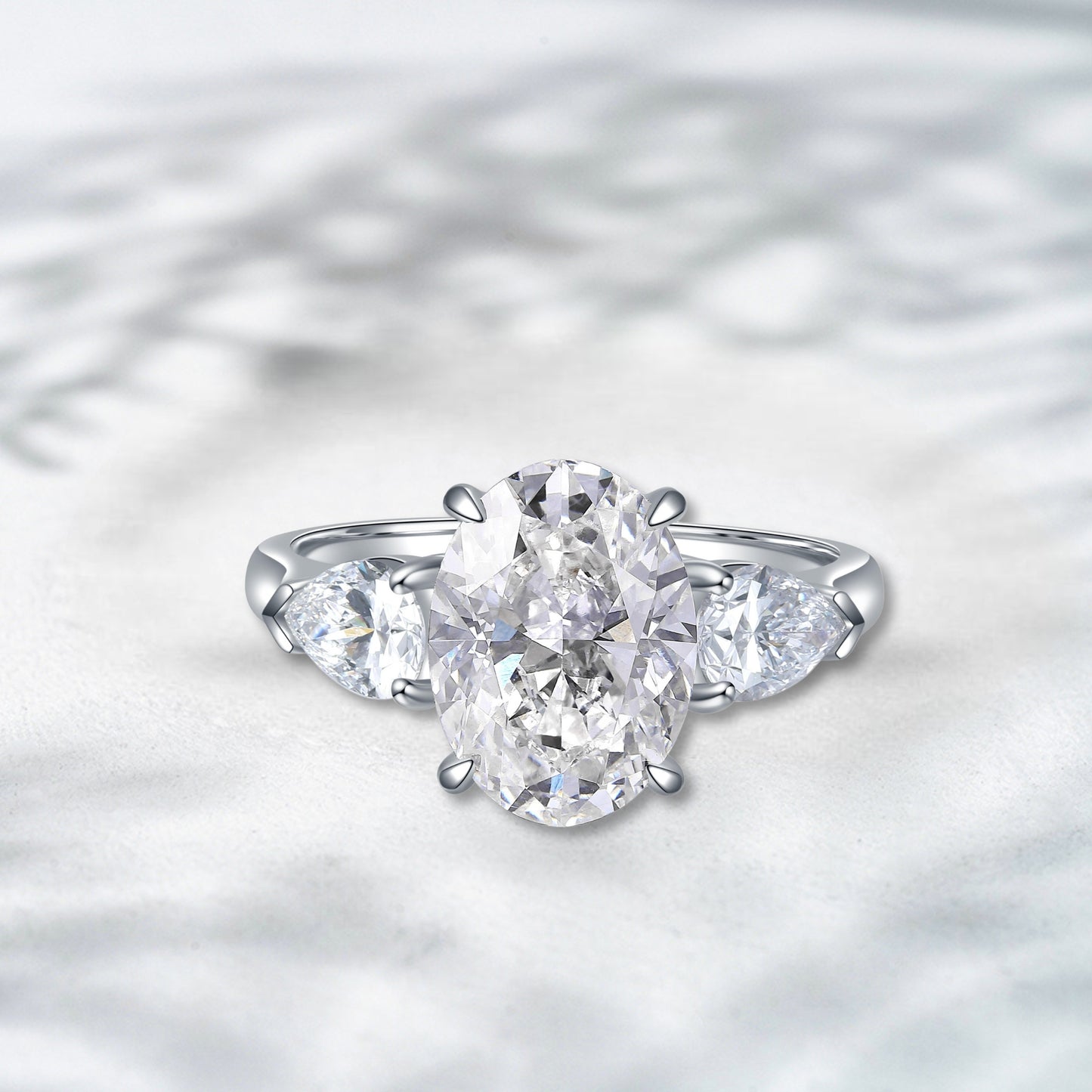 Radiant Embrace 4ct Oval Lab Diamond Three Stone Ring in 18K White Gold