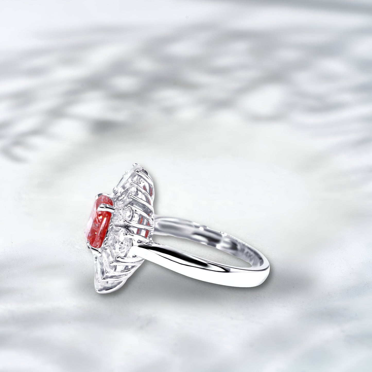 QOB Imperial Flame Lab Diamond Ring - Pink Cushion & Pear Cut Halo - 2.0–2.5 ct total in 18K White Gold