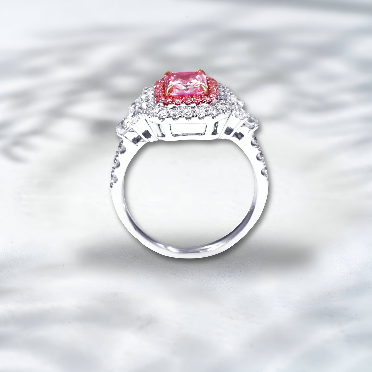 QOB “Blush Embrace” 2.3–2.5 ct Pink & White Lab Diamond Halo Ring | 18K White Gold