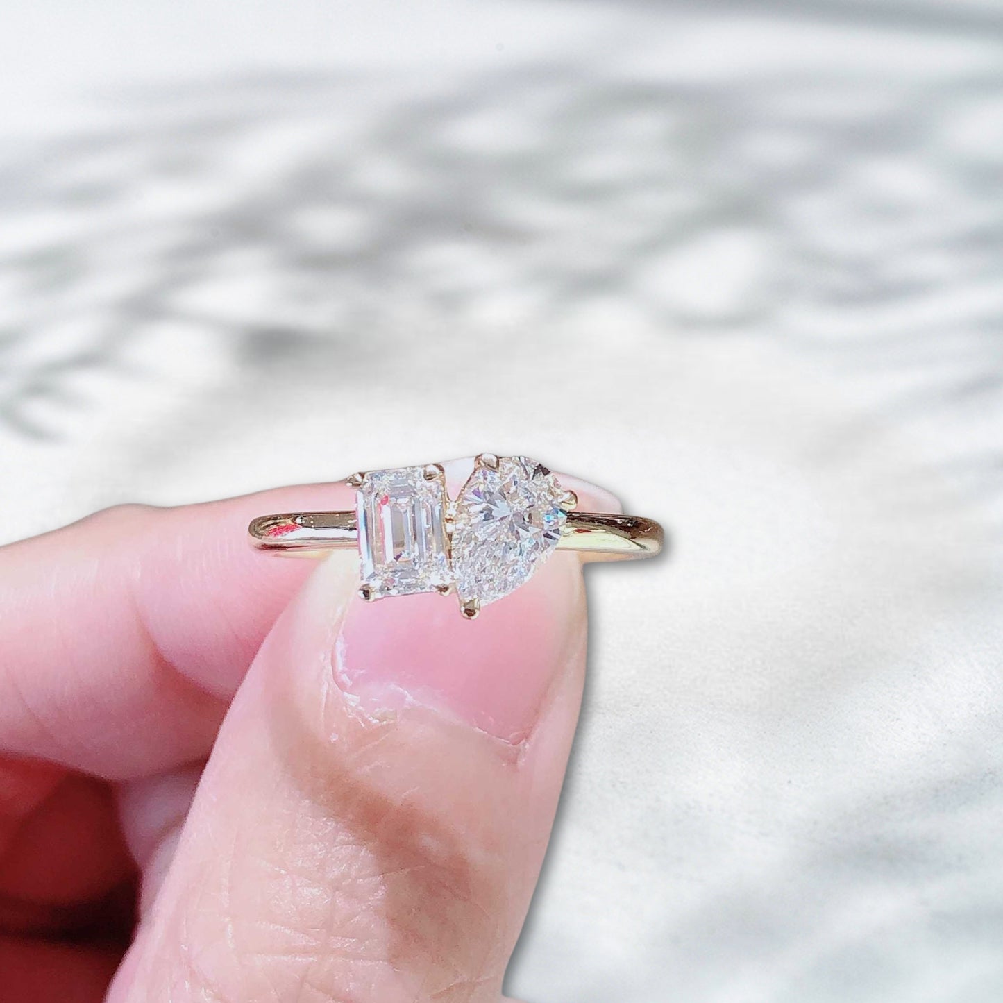 QOB Golden Duo Ring | 1.08ct Pear & Emerald Lab Diamonds in 18K Gold