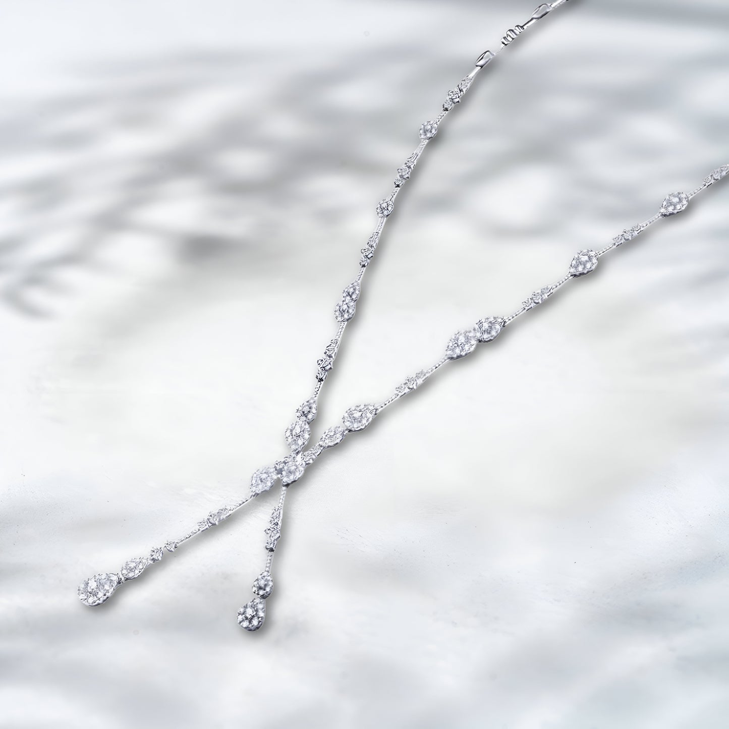 QOB Aurora Y-Drop Lab Diamond Necklace | 15 Carat Statement Necklace | 18K White Gold