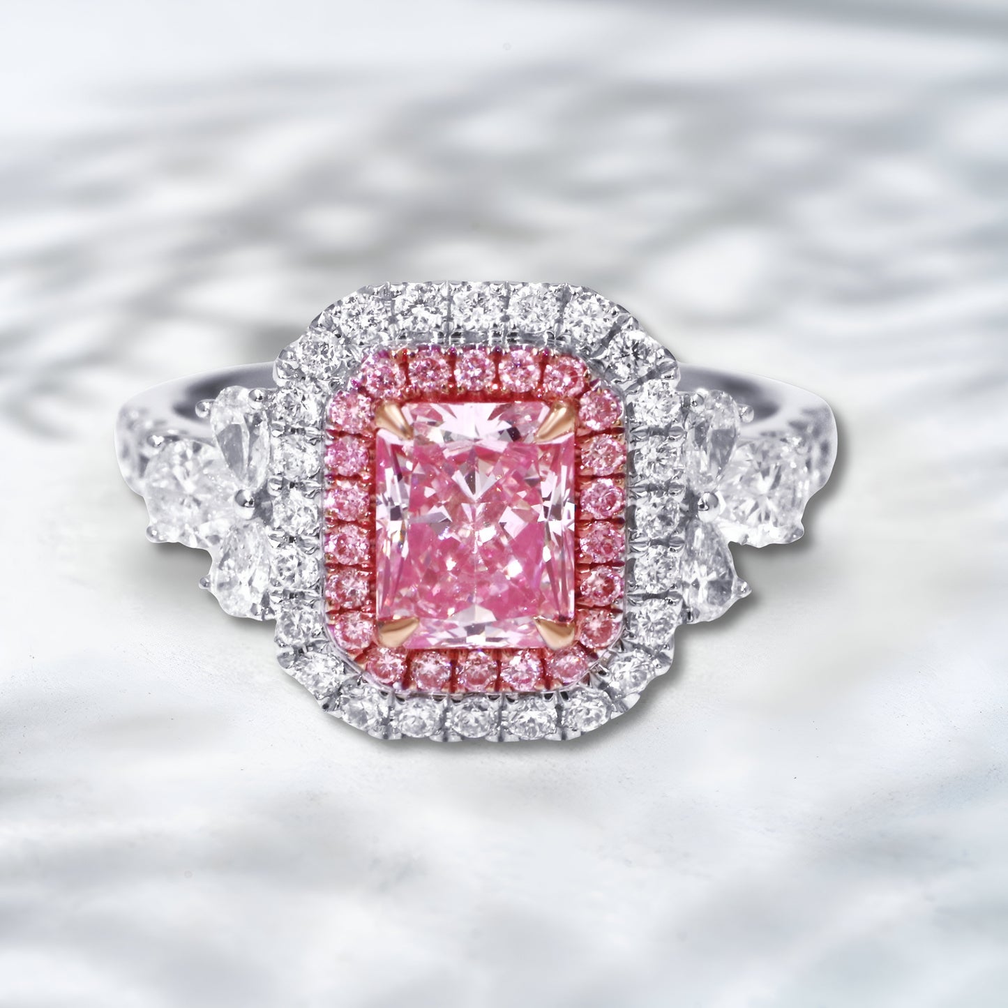 QOB “Blush Embrace” 2.3–2.5 ct Pink & White Lab Diamond Halo Ring | 18K White Gold