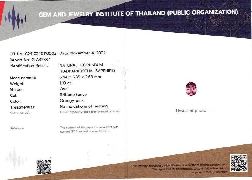 1.10 ct Natural Padparadscha Sapphire (Unheated, GIT Certified) – Oval Brilliant Cut