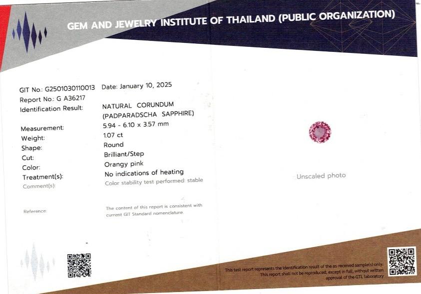 1.07 ct Natural Unheated Round Padparadscha Sapphire (GIT Certified) – Orangy Pink Brilliant