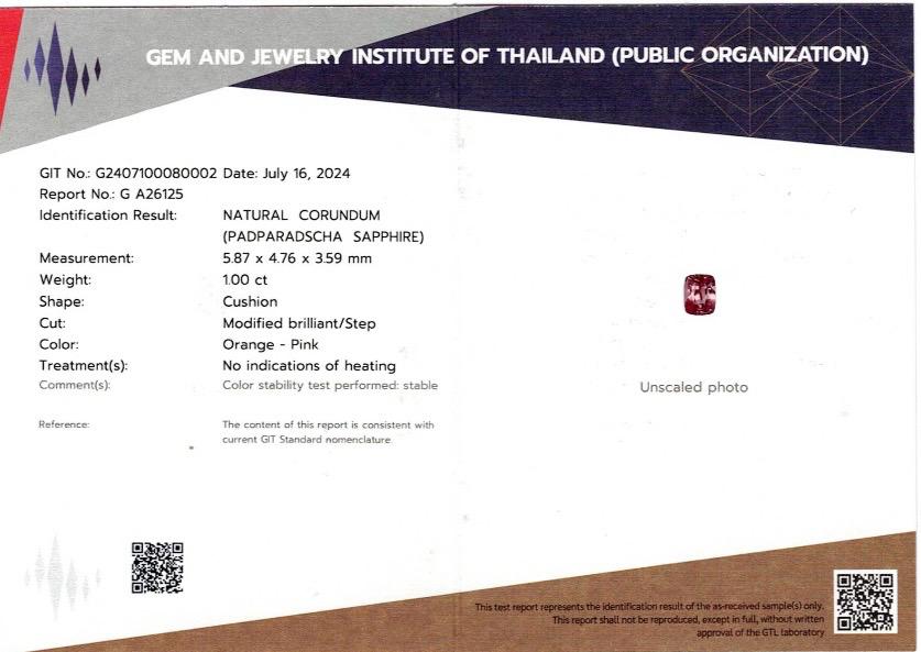 1.00 ct Natural Unheated Padparadscha Sapphire (GIT Certified) – Cushion Cut, Orange-Pink