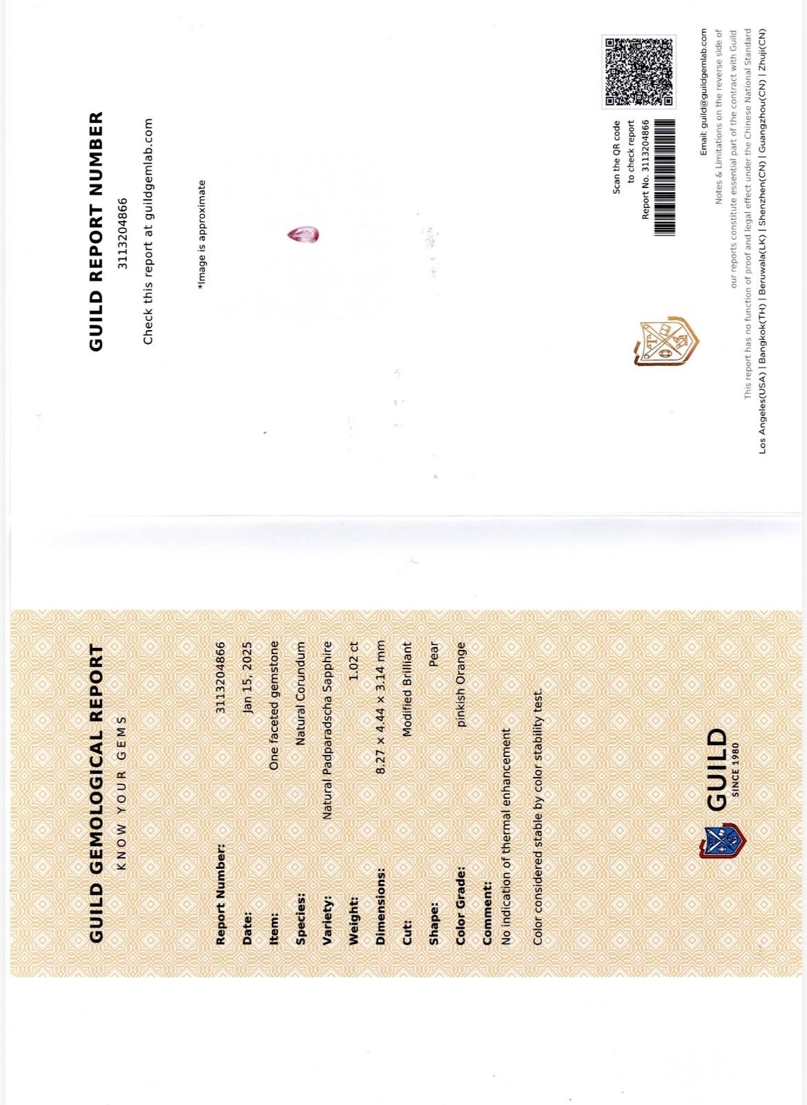 1.02 ct Natural Unheated Padparadscha Sapphire (Guild Certified) – Pear Cut, Pinkish Orange