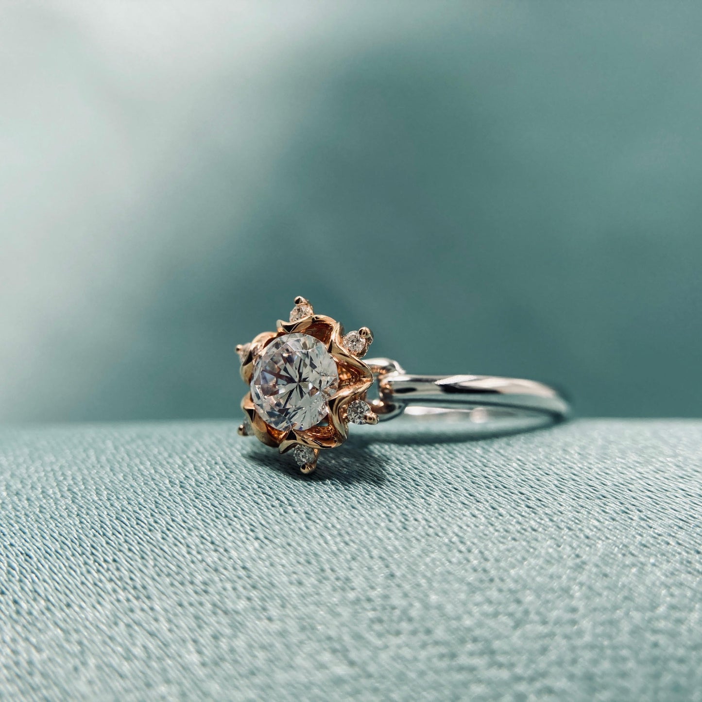 Ember Bloom – Two-Tone 18K Gold Solitaire Ring with 2ct Center & Diamond Accents