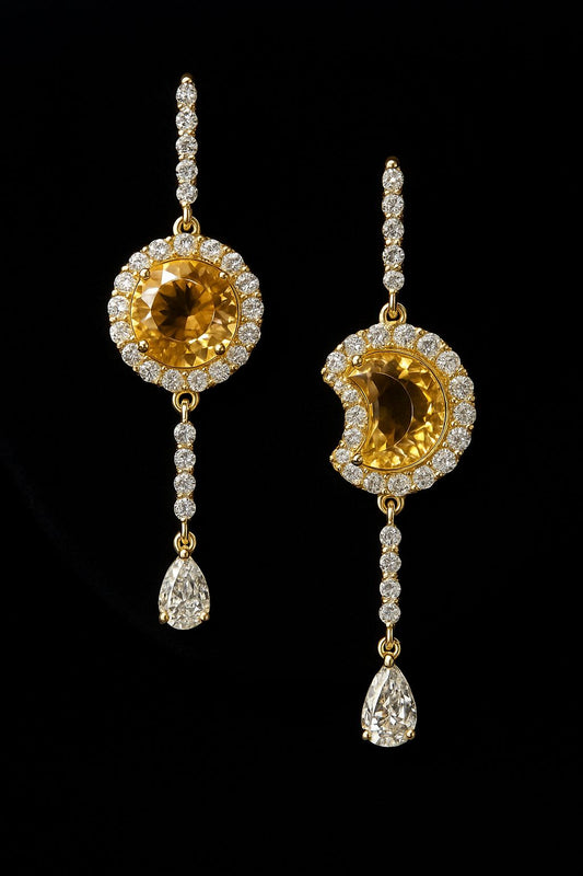 Sun & Moon Citrine & Diamond Earrings in 18K Gold | QOB Jewelry