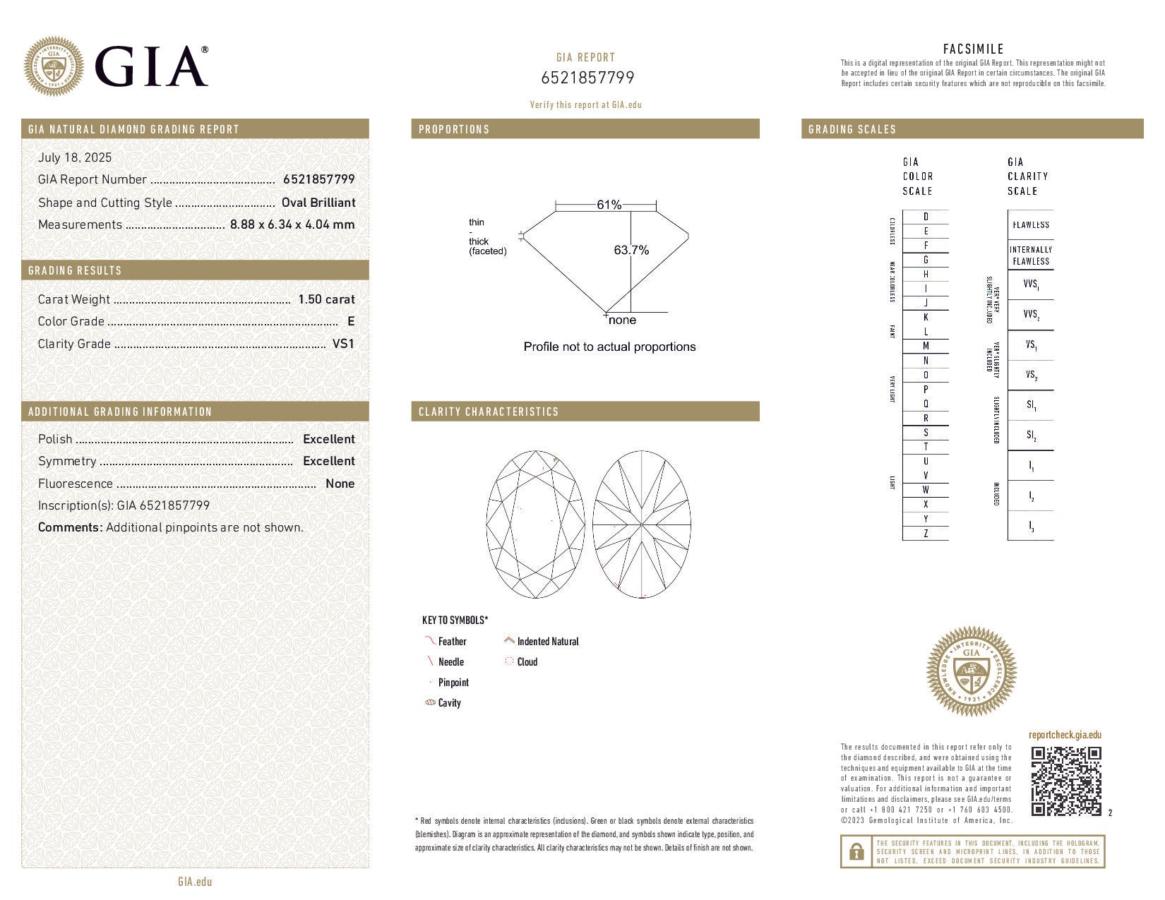 GIA diamond report with detailed specifications and measurements.