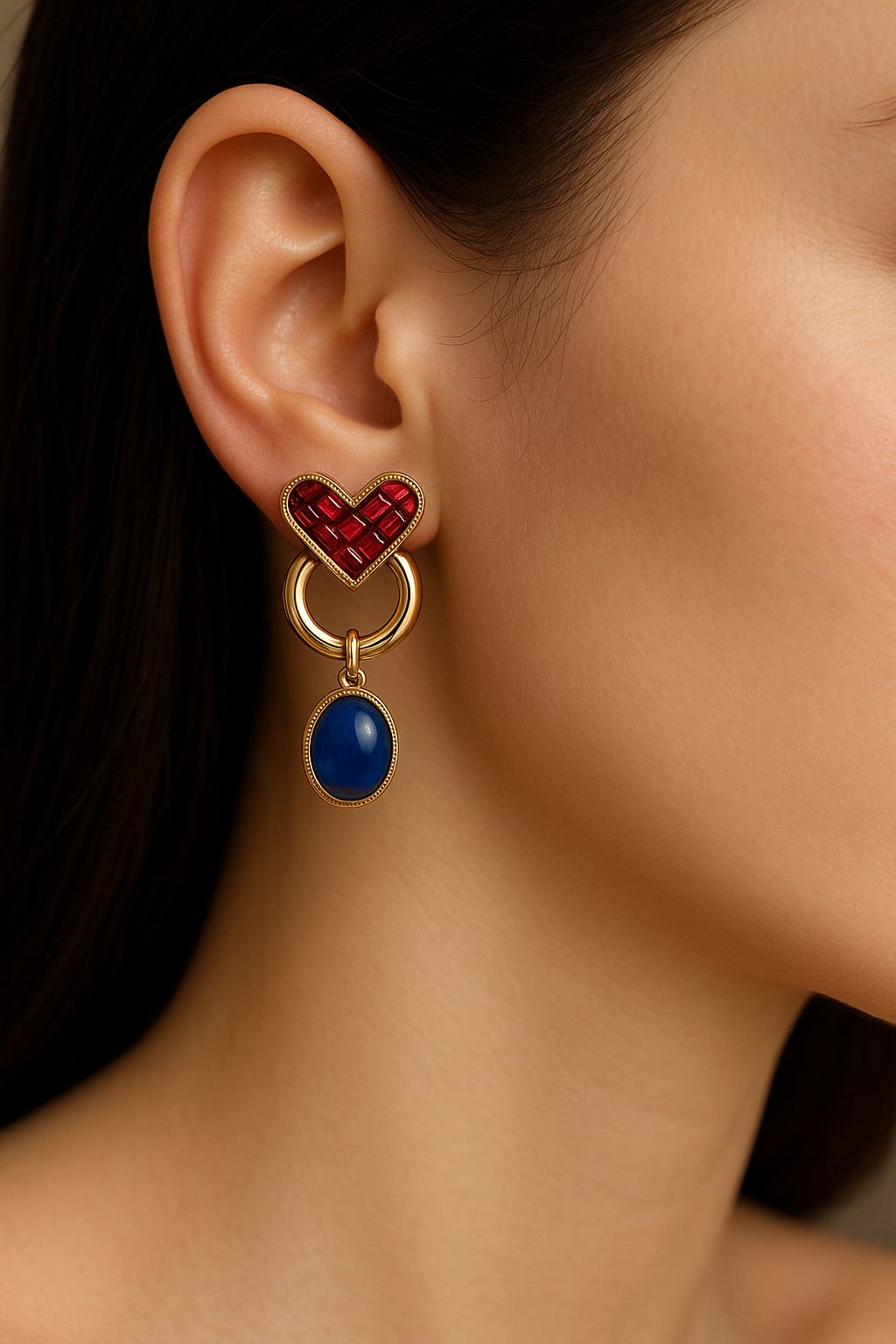 Royal Heart & Soul Earrings – 18K Gold with Burma Spinel & Sapphire | QOB Jewelry
