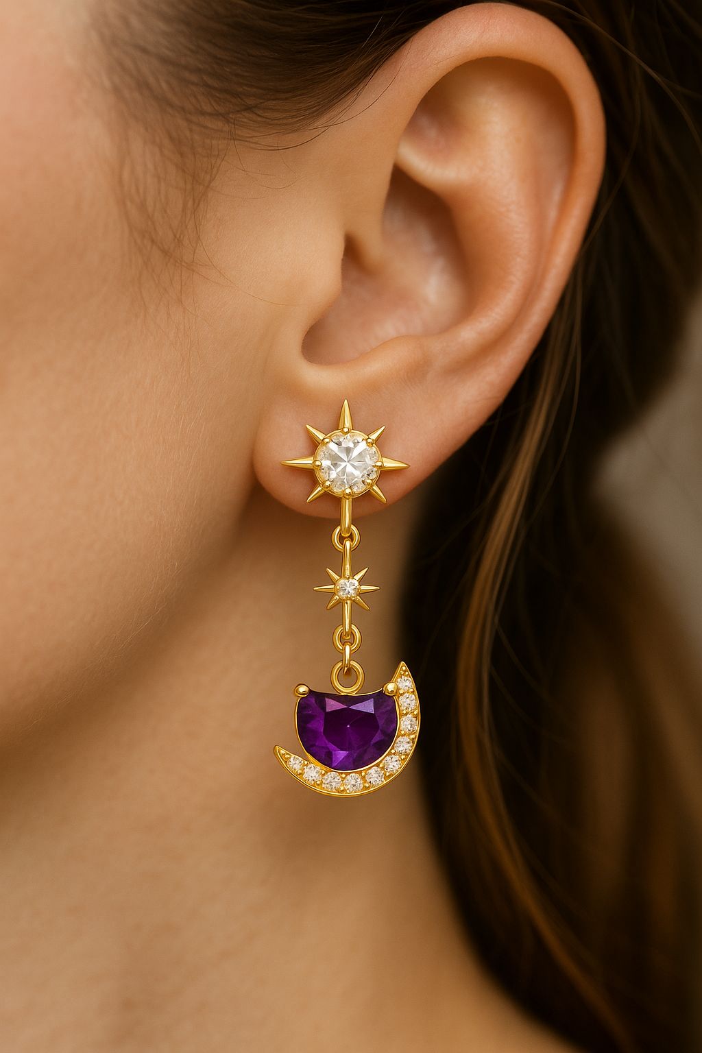 Sun & Moon Duality Earrings – 18K Gold with Citrine, Amethyst & Lab Diamonds | QOB Jewelry
