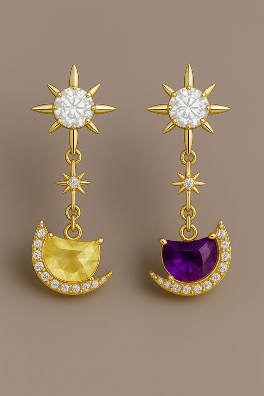Sun & Moon Duality Earrings – 18K Gold with Citrine, Amethyst & Lab Diamonds | QOB Jewelry