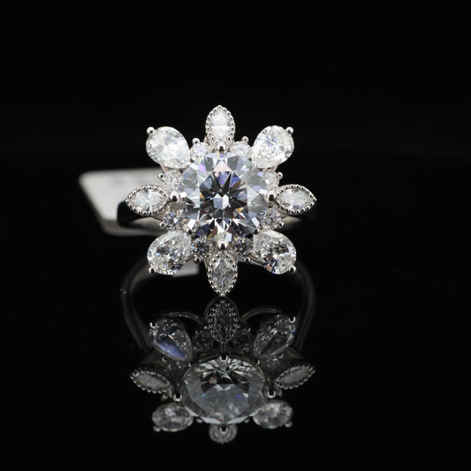Solar Bloom” – 18K White Gold Diamond Flower Ring (2.07ct)
