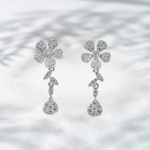 Dewlight Bloom Earrings | 18K White Gold Floral Lab Diamond Drop Earrings