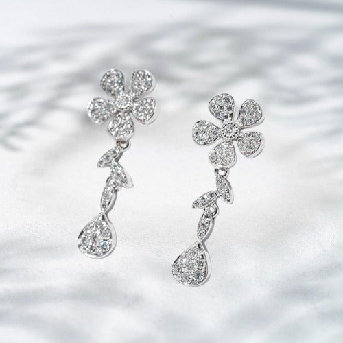 Dewlight Bloom Earrings | 18K White Gold Floral Lab Diamond Drop Earrings
