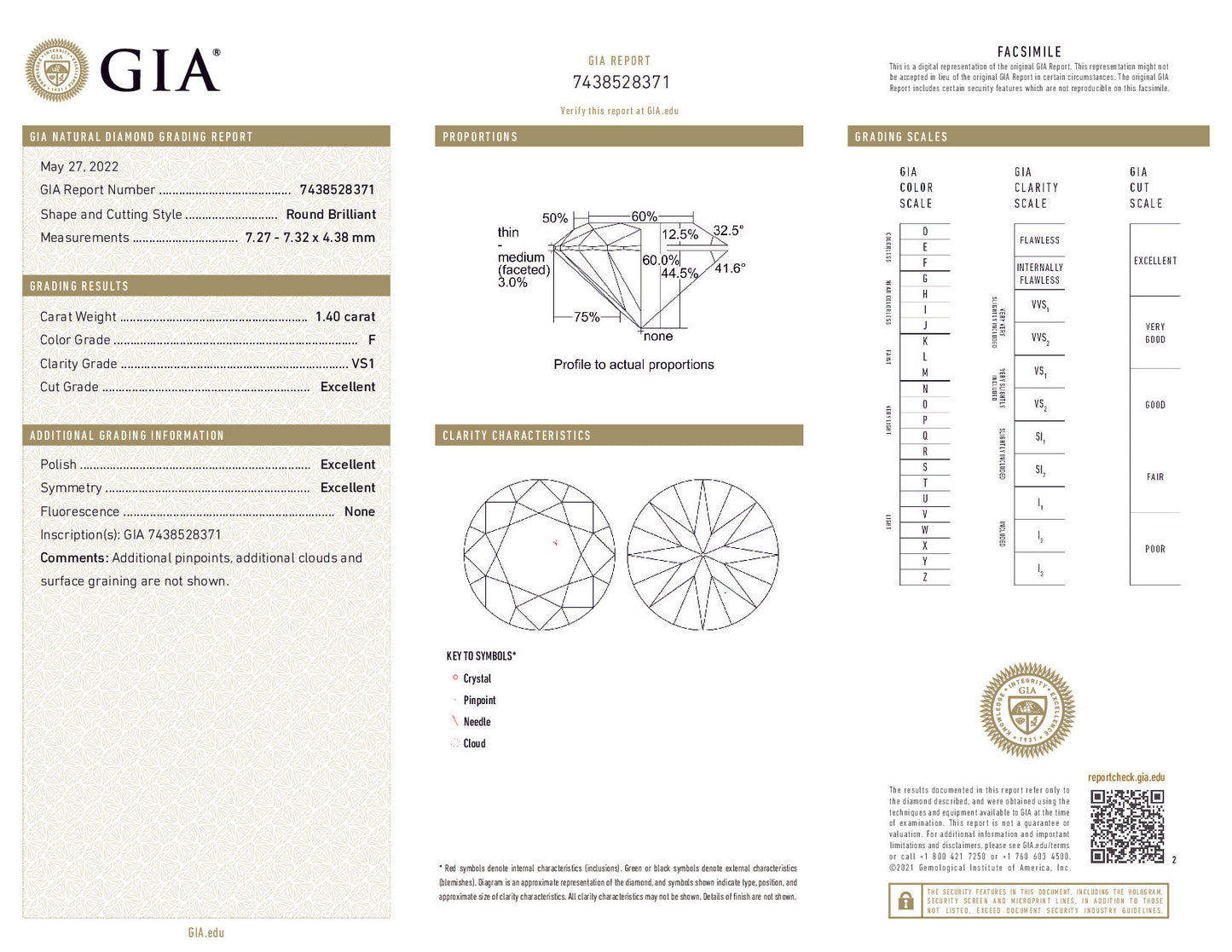 1.40ct Round Brilliant Diamond – F Color, VS1 Clarity, GIA Certified