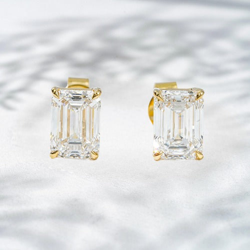 18K White & Yellow Gold Emerald-Cut Lab Diamond Stud Earrings | Dual Luxe Options