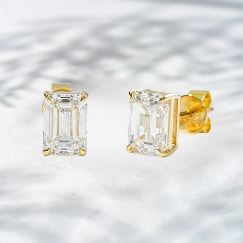 18K White & Yellow Gold Emerald-Cut Lab Diamond Stud Earrings | Dual Luxe Options