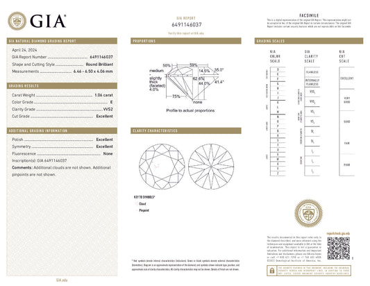 1.06 Carat Round Brilliant Diamond – GIA Certified, E Color, VVS2 Clarity, Excellent Cut
