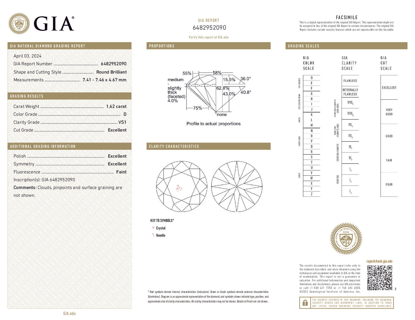 1.62ct Round Brilliant Diamond – D Color, VS1 Clarity, GIA Certified
