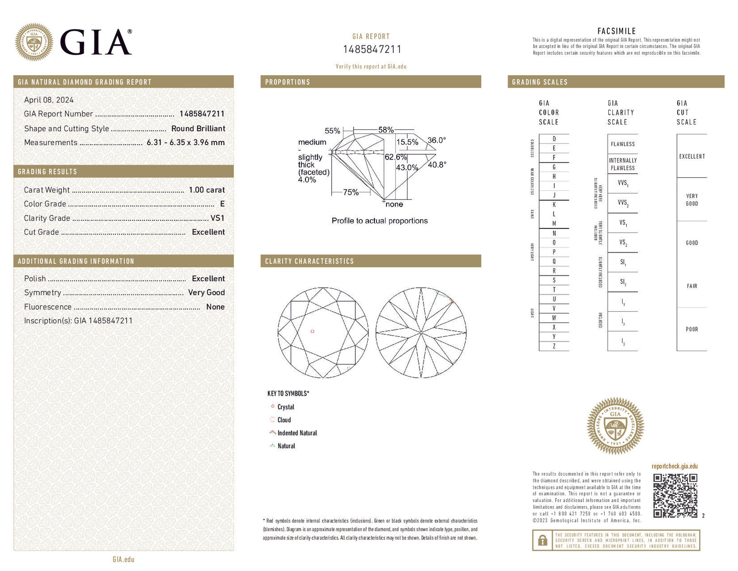 1.00ct Round Diamond E Color VS1 GIA Certified