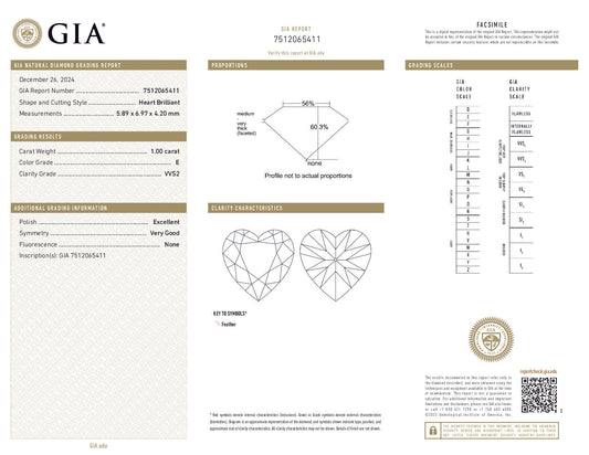 GIA-Certified 1.00 ct Heart-Shaped Diamond – E Color, VVS2 Clarity