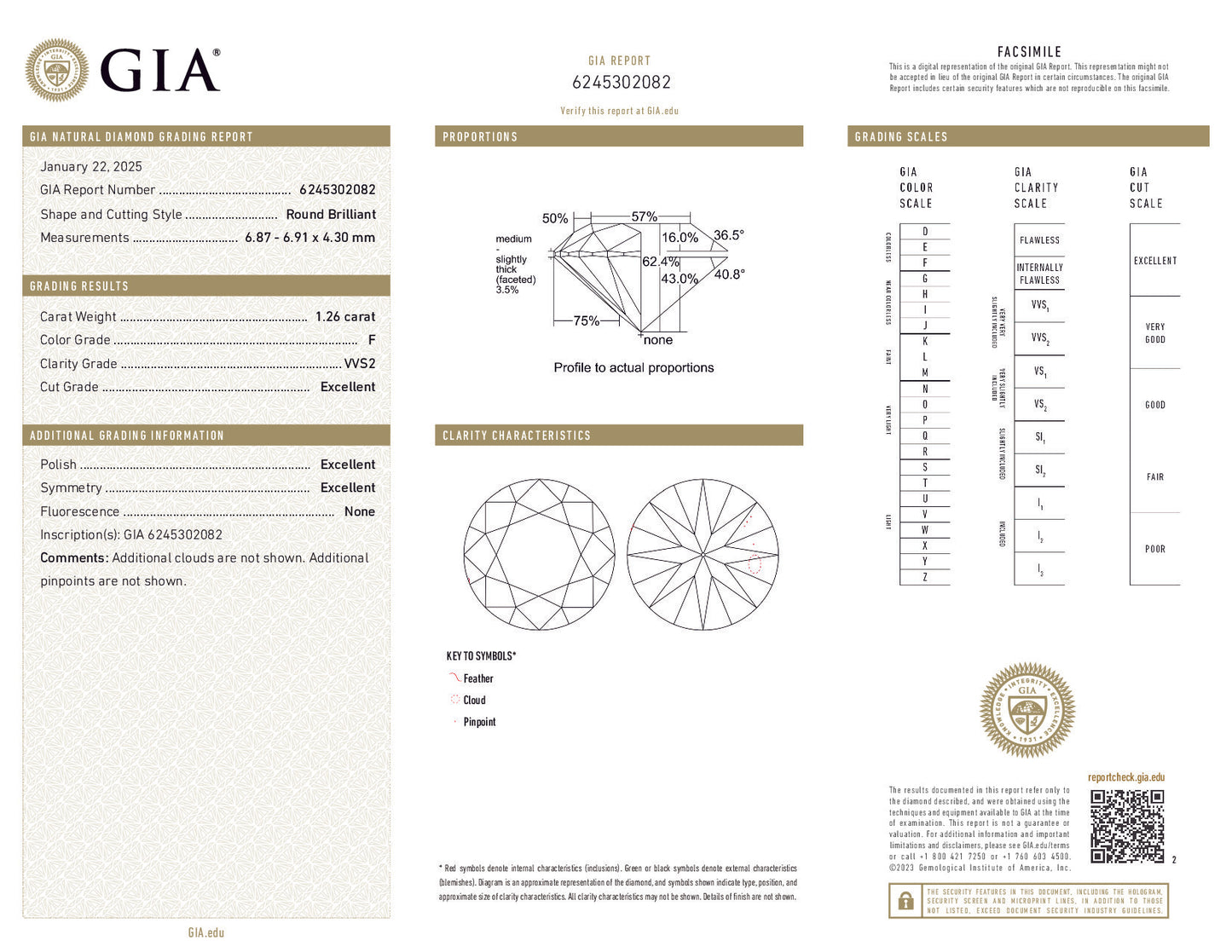 1.26 Carat Round Brilliant Diamond – F Color, VVS2 Clarity, GIA Certified