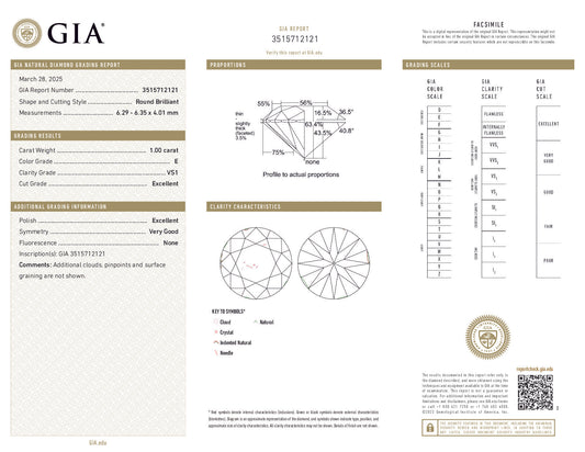 1.00 Carat Round Brilliant Diamond — E Color, VS1 Clarity, Excellent Cut