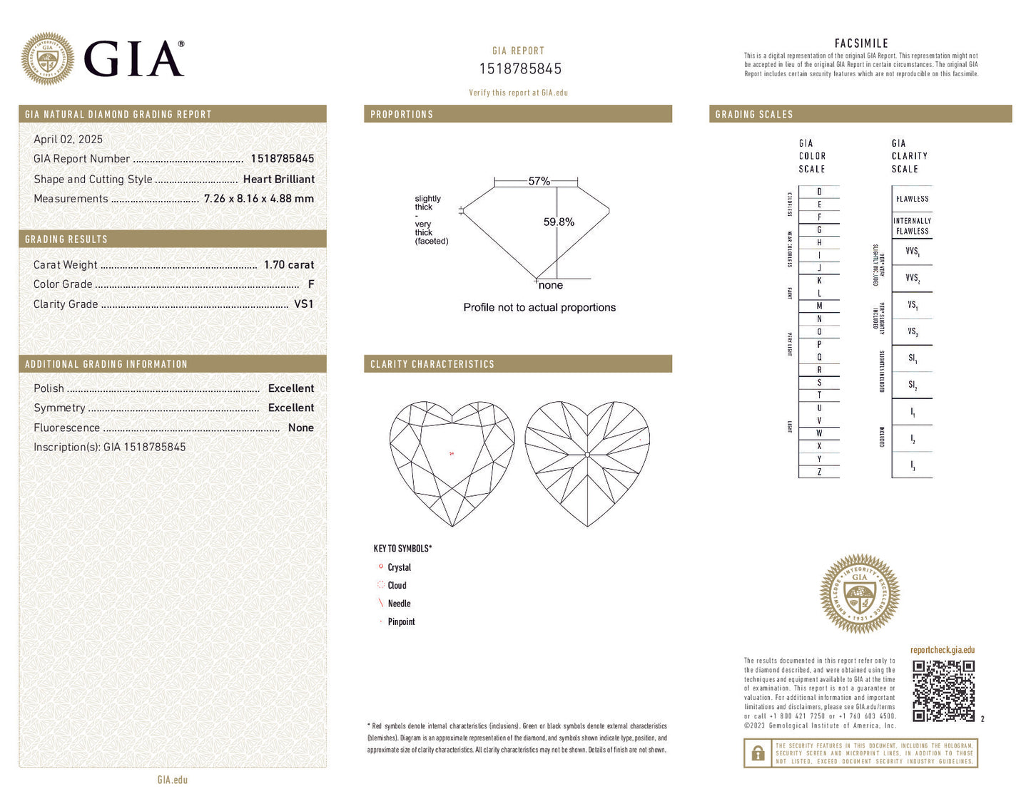 1.70ct Heart Brilliant Diamond – F Color, VS1 Clarity, GIA Certified
