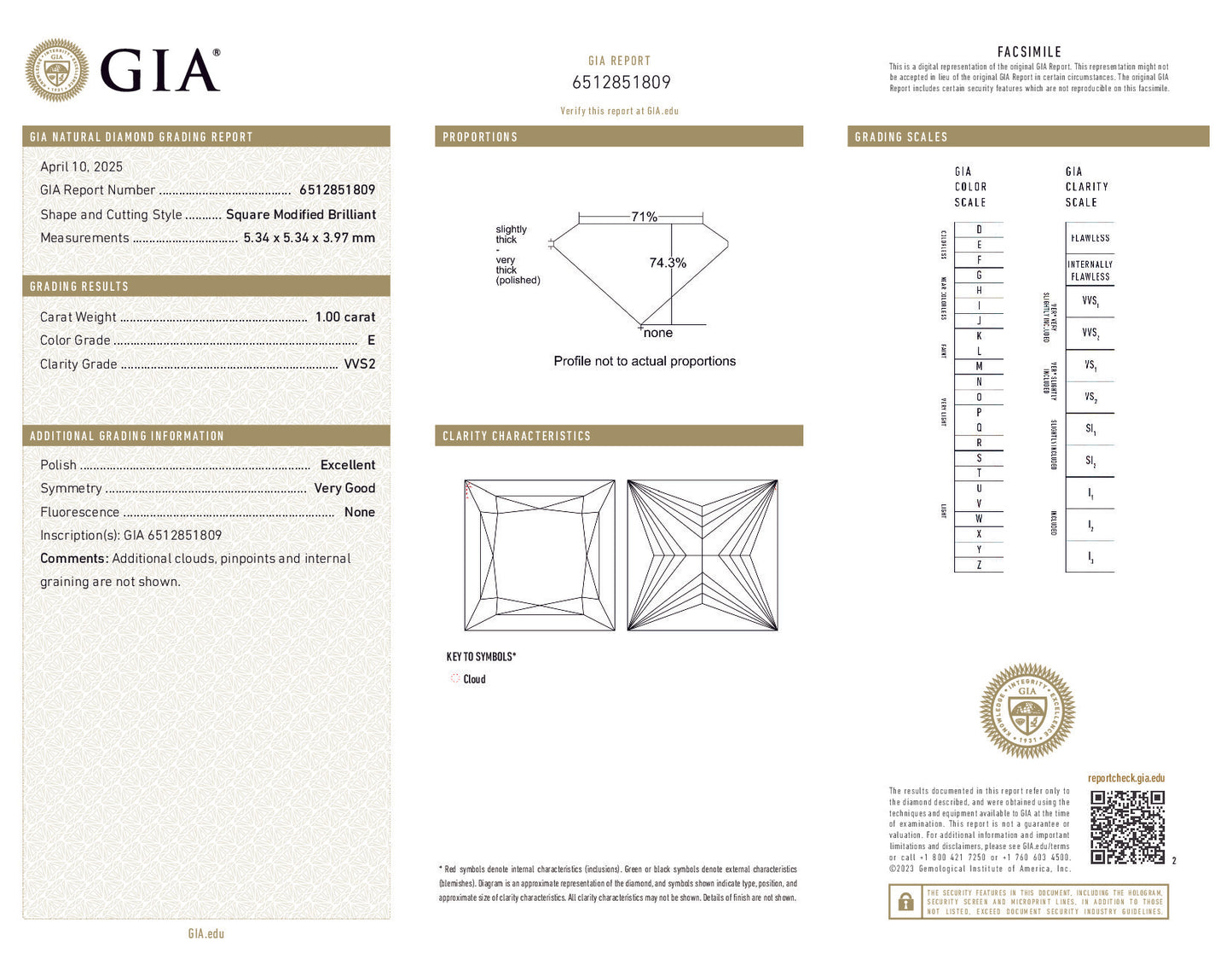 1.00 Carat Square Modified Brilliant Diamond – E Color, VVS2 Clarity, GIA Certified