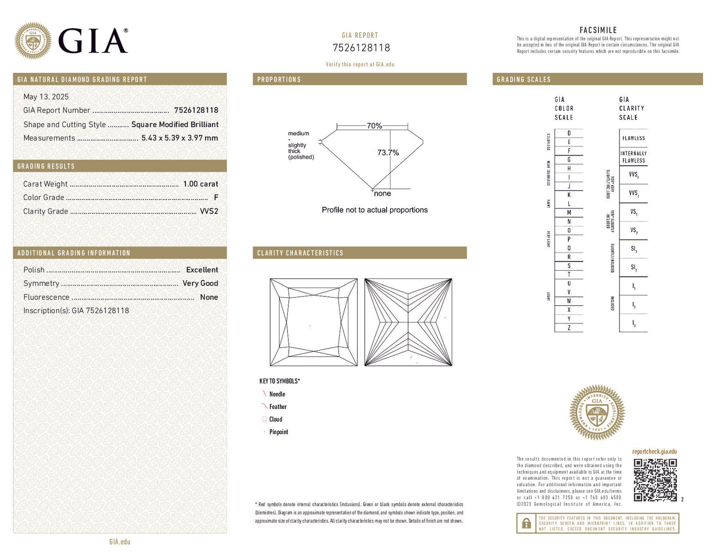 1.00 Carat Square Modified Brilliant Diamond – F Color, VVS2 Clarity, GIA Certified