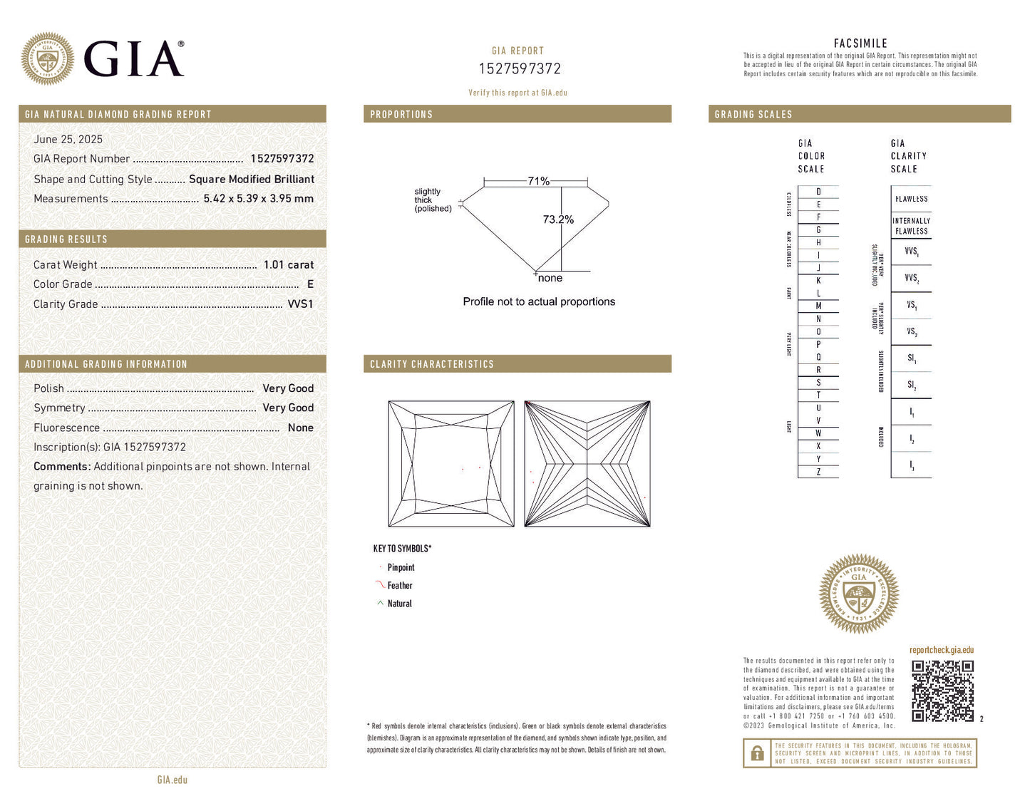 1.01 Carat Princess Cut Diamond – GIA Certified, E Color, VVS1 Clarity, Very Good Polish & Symmetry