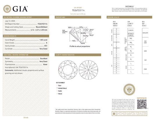 1.00 Carat Round Brilliant Diamond – E Color, VS1 Clarity, GIA Certified