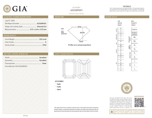 GIA-Certified 1.00 ct Emerald-Cut Diamond (E Color, VVS2, No Fluorescence)