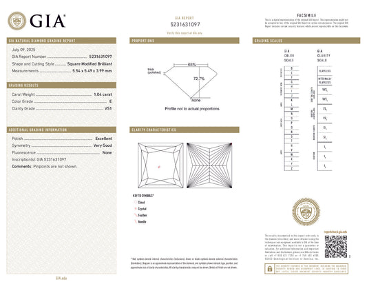 1.04 Carat Princess Cut Diamond – GIA Certified, E Color, VS1 Clarity, Excellent Polish