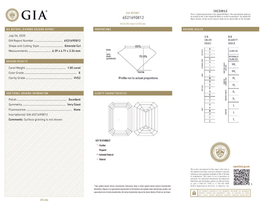 GIA-Certified 1.00 ct Emerald-Cut Diamond – E Color, VVS2, Excellent Polish