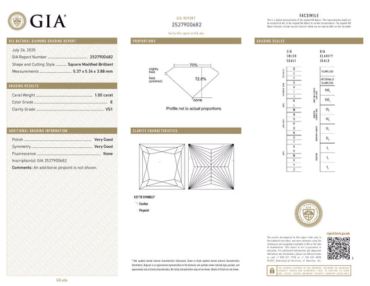 1.00 Carat Princess Cut Diamond – GIA Certified, E Color, VS1 Clarity, Very Good Polish & Symmetry