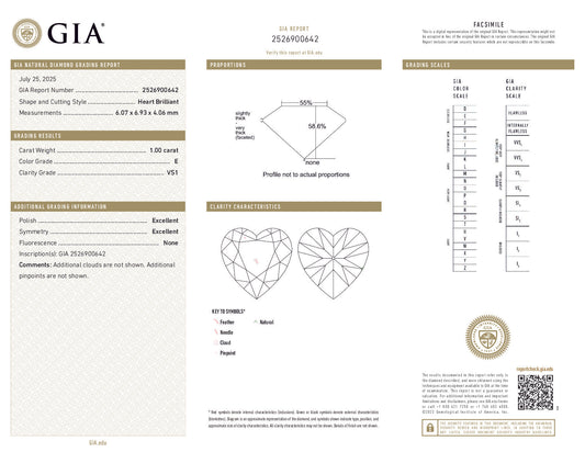 GIA-Certified 1.00 ct Heart-Shaped Diamond – E Color, VS1 Clarity
