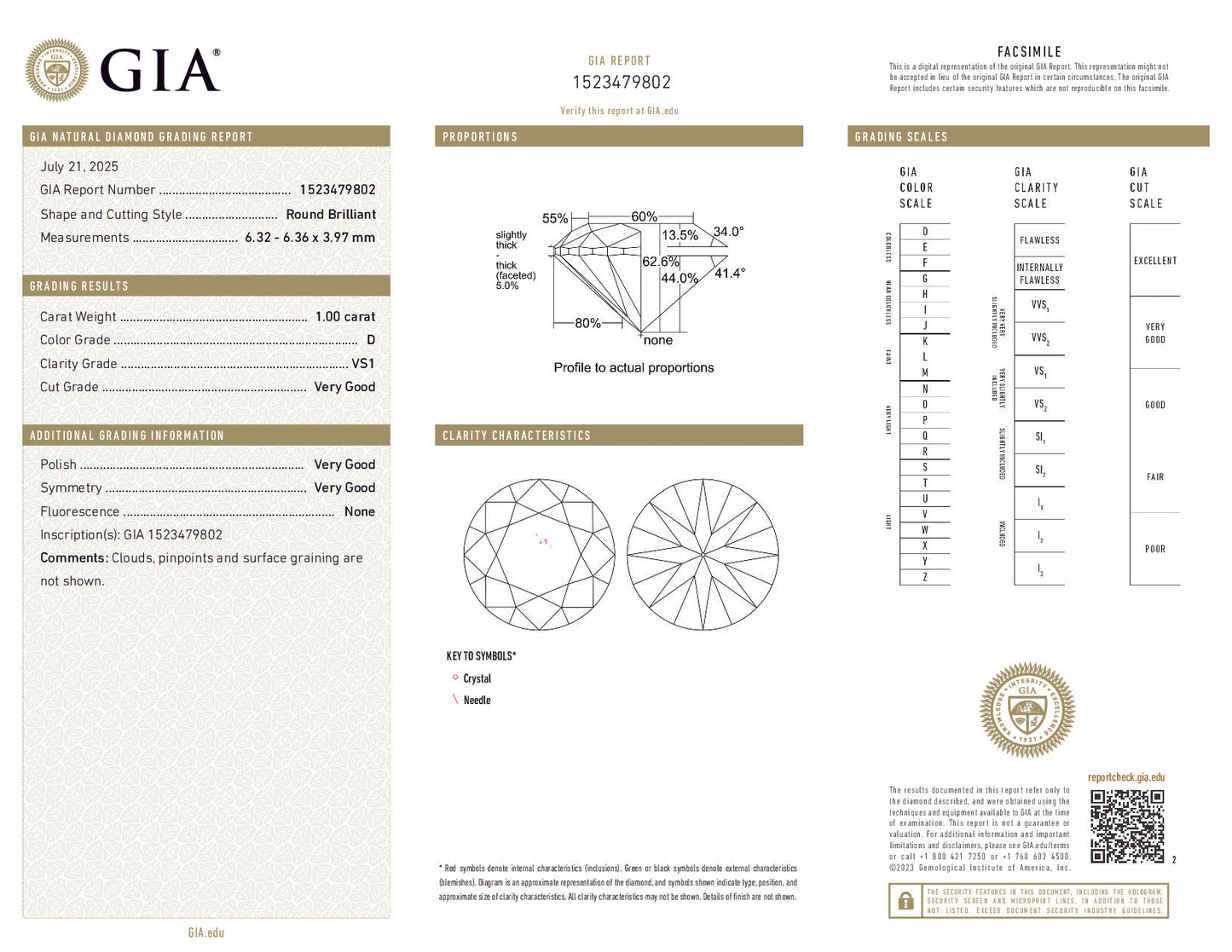 1.00 Carat Round Brilliant Diamond – GIA Certified, D Color, VS1 Clarity, Very Good Cut