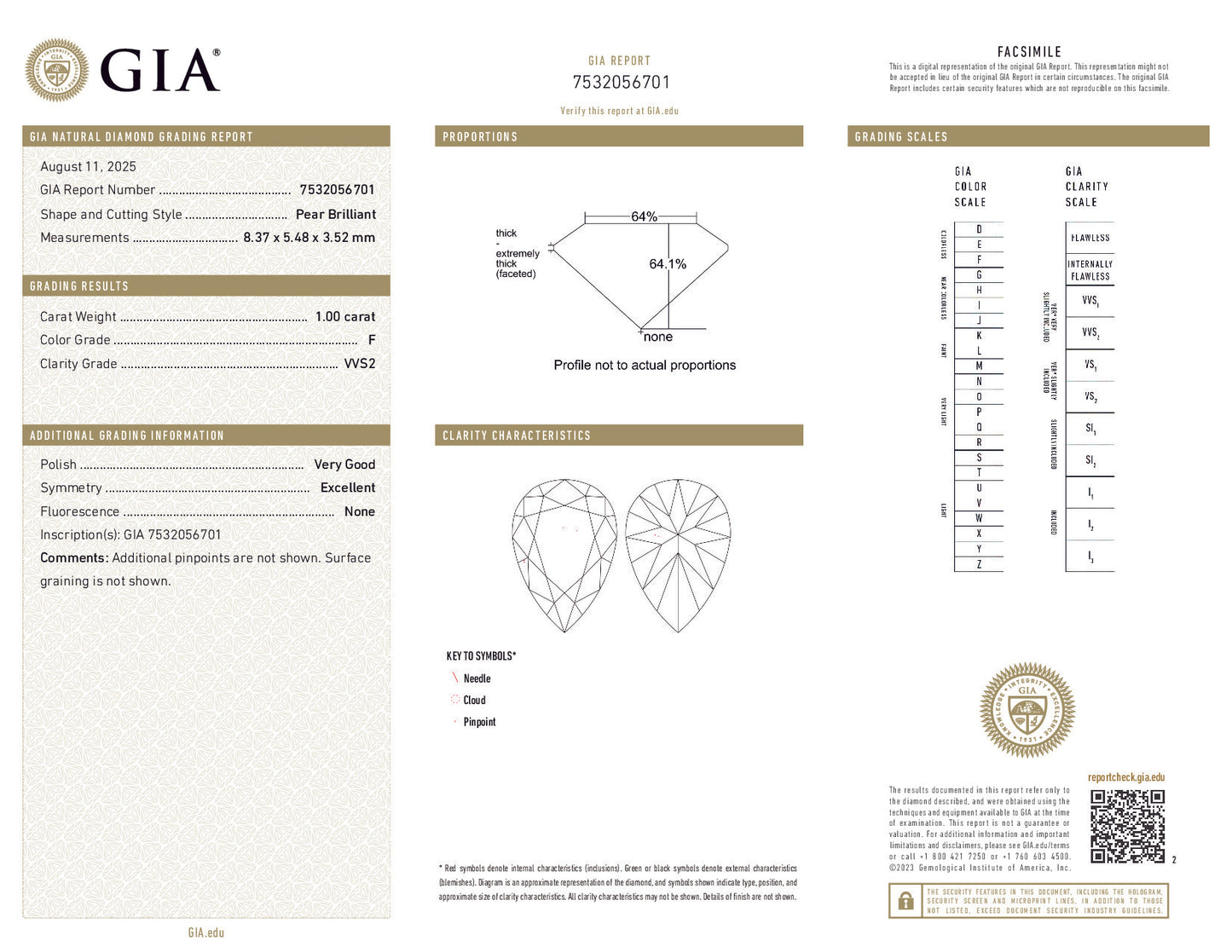 1.00 Carat Pear Brilliant Diamond – GIA Certified, F Color, VVS2 Clarity, Excellent Symmetry